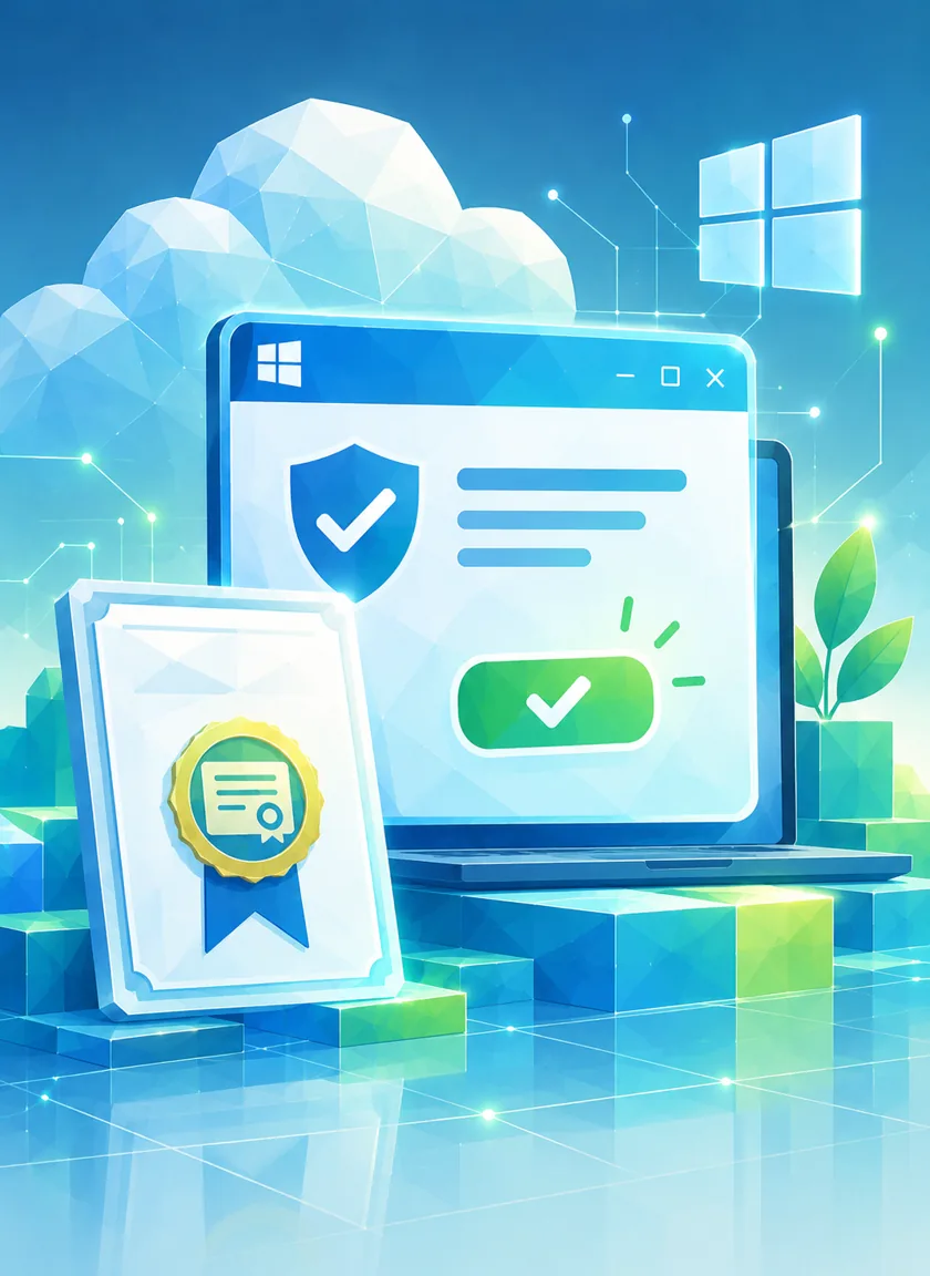 Signed Windows app window with a certificate and a green confirmation button