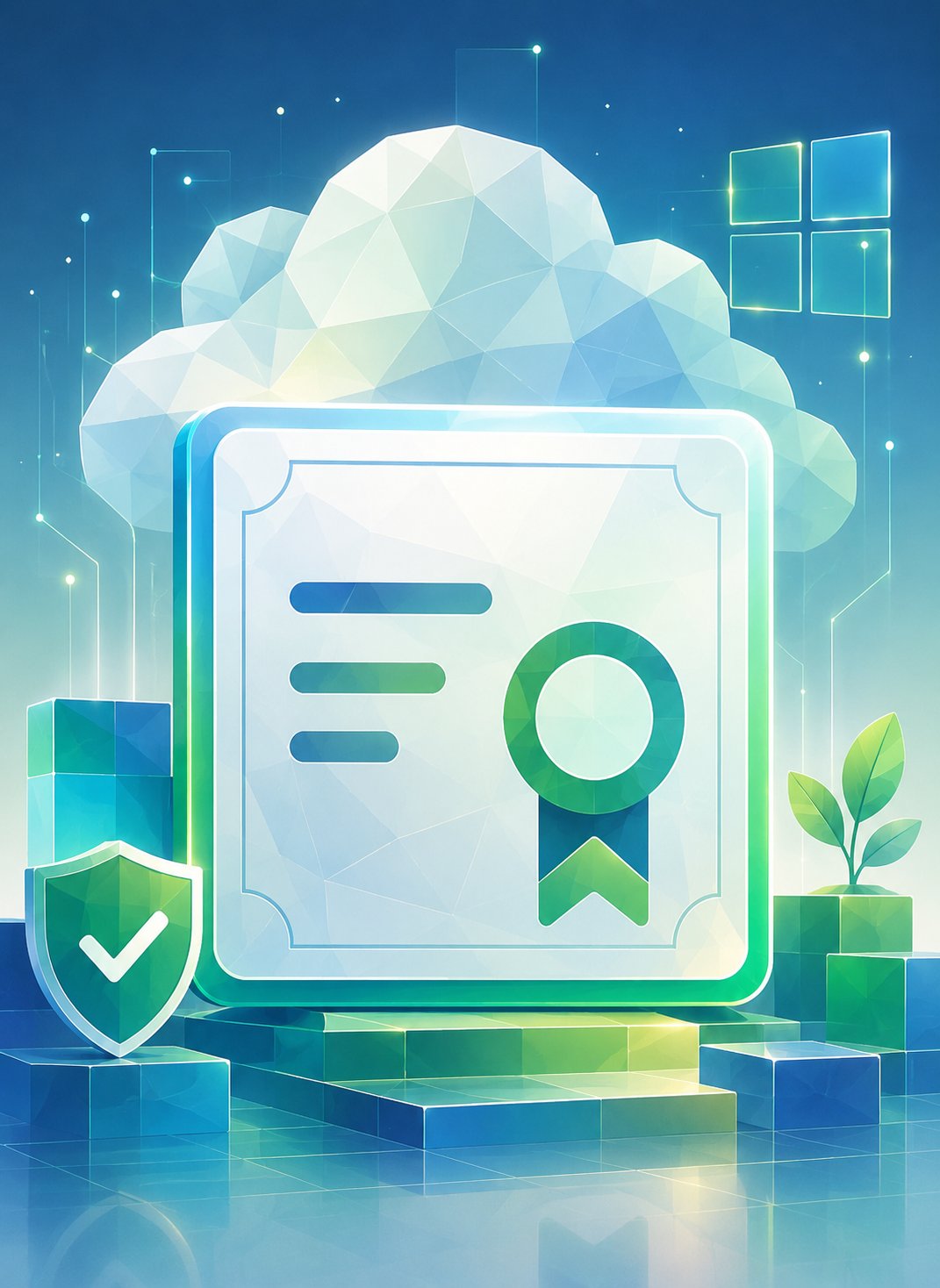 Cloud-signed Windows app certificate with green checkmark shield
